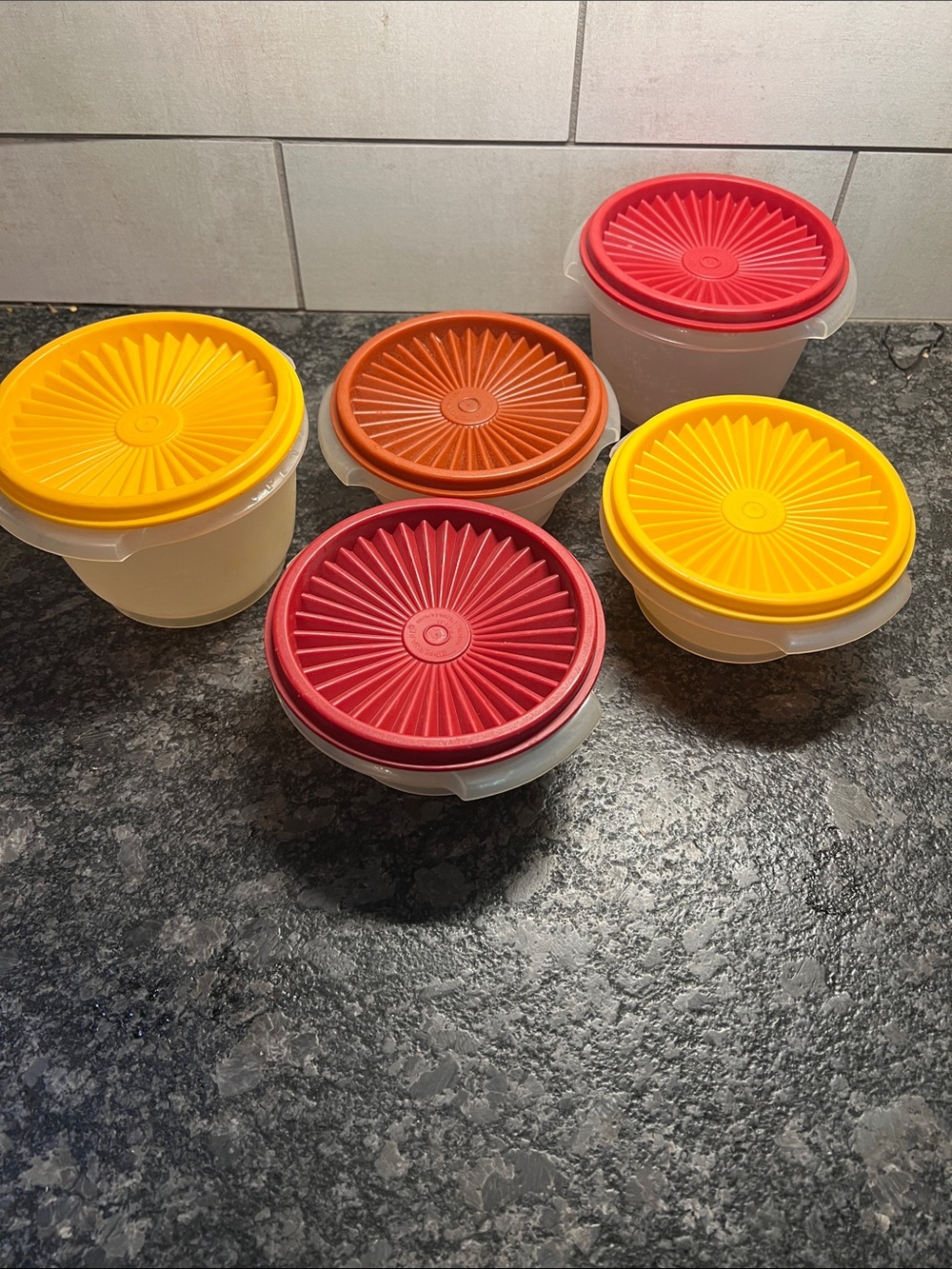 Set of 5 Tupperware Round Plastic Food Storage Containers with Snap Lids.